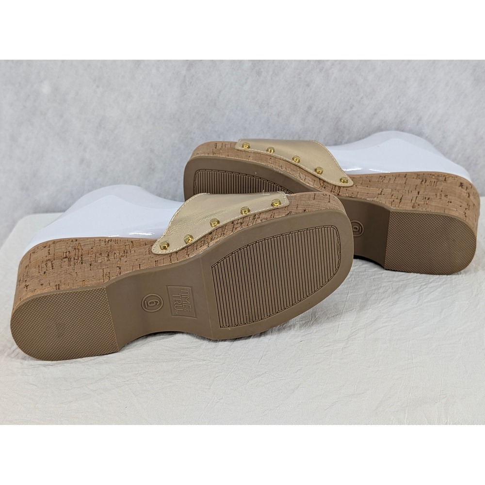 Time and Tru Gold Metallic Wedge Sandals 6 Cork Platform Studded Buckle Glam - Picture 7 of 10